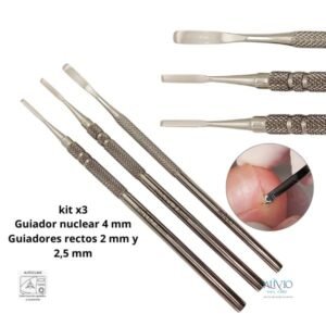Kit de tres guiadores metálicos para cortes rectos en uñas encarnadas sobre fondo blanco