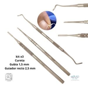Kit de instrumentos metálicos para uñas compuesto por guiador, cureta y gubia sobre fondo blanco
