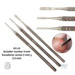 Kit de tres guiadores metálicos para cortes rectos en uñas encarnadas sobre fondo blanco