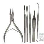 Kit podológico profesional con 6 herramientas de acero inoxidable para tratar uñas encarnadas.