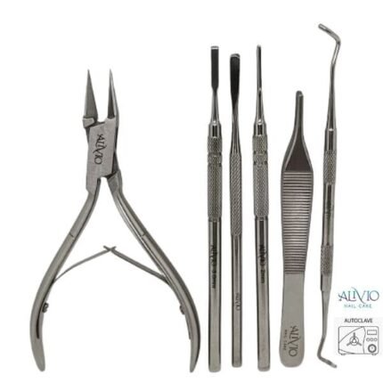 Kit podológico profesional con 6 herramientas de acero inoxidable para tratar uñas encarnadas.